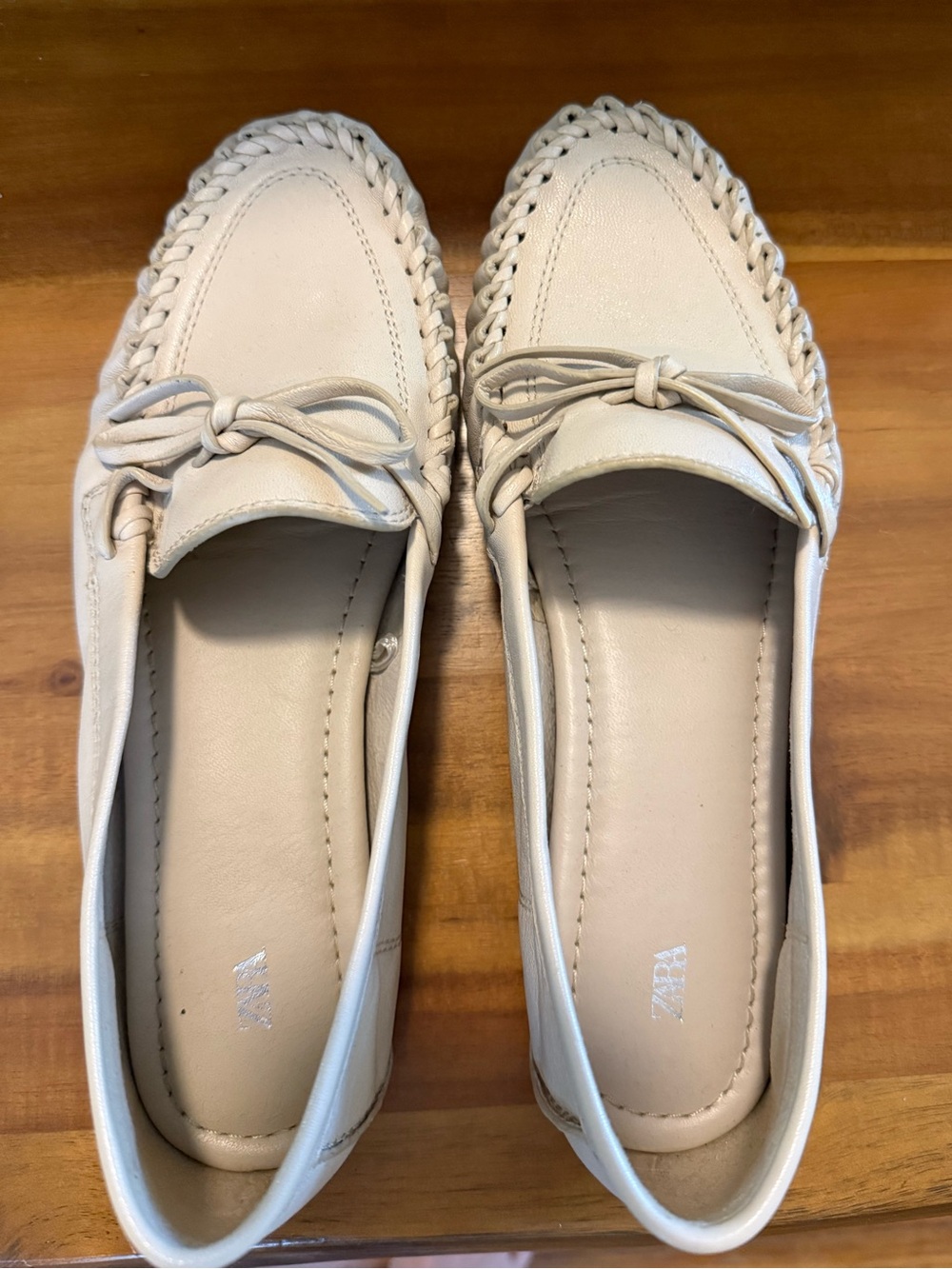 Zara Cream Leather Braided Moccasin Loafers